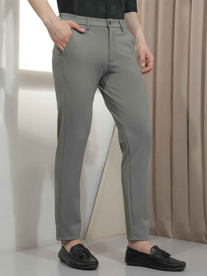 Textured Grey Knit Casual Trousers