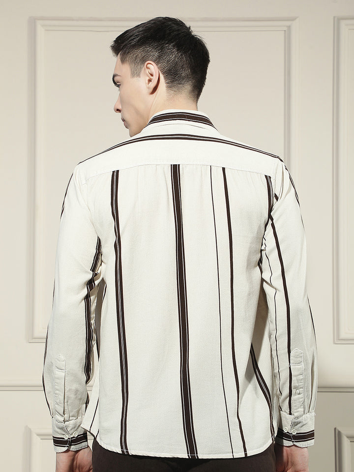 Brown Vertical Stripes 100% Cotton Corduroy Shirt