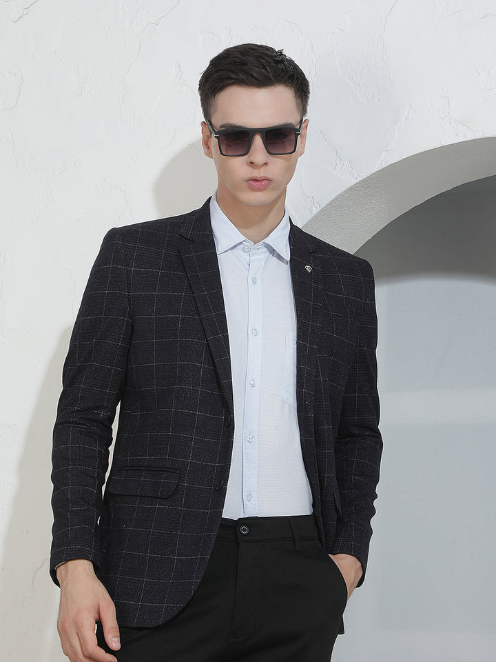 Navy Blue Checked Notched Lapel Blazer
