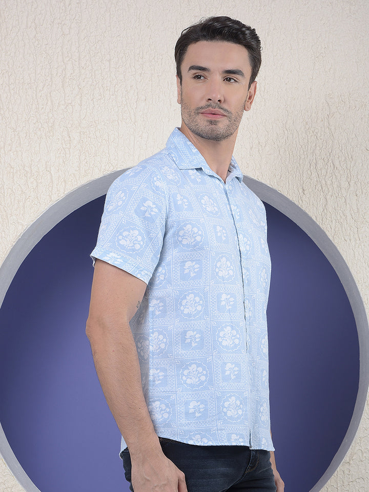Blue Floral Printed 100% Cotton Shirt