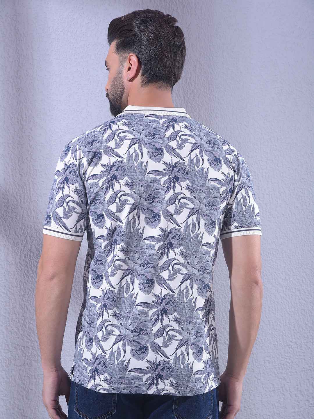 Blue Floral Print Polo Neck T-Shirt