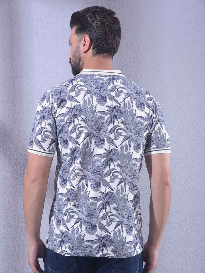 Blue Floral Print Polo Neck T-Shirt
