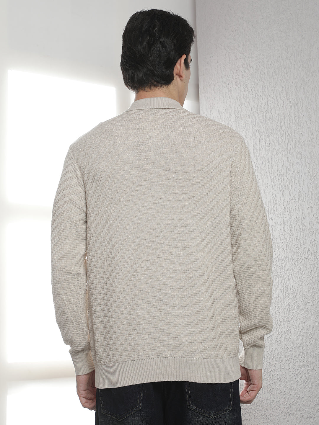 Beige 100% Cotton Knitted Polo Neck Sweater