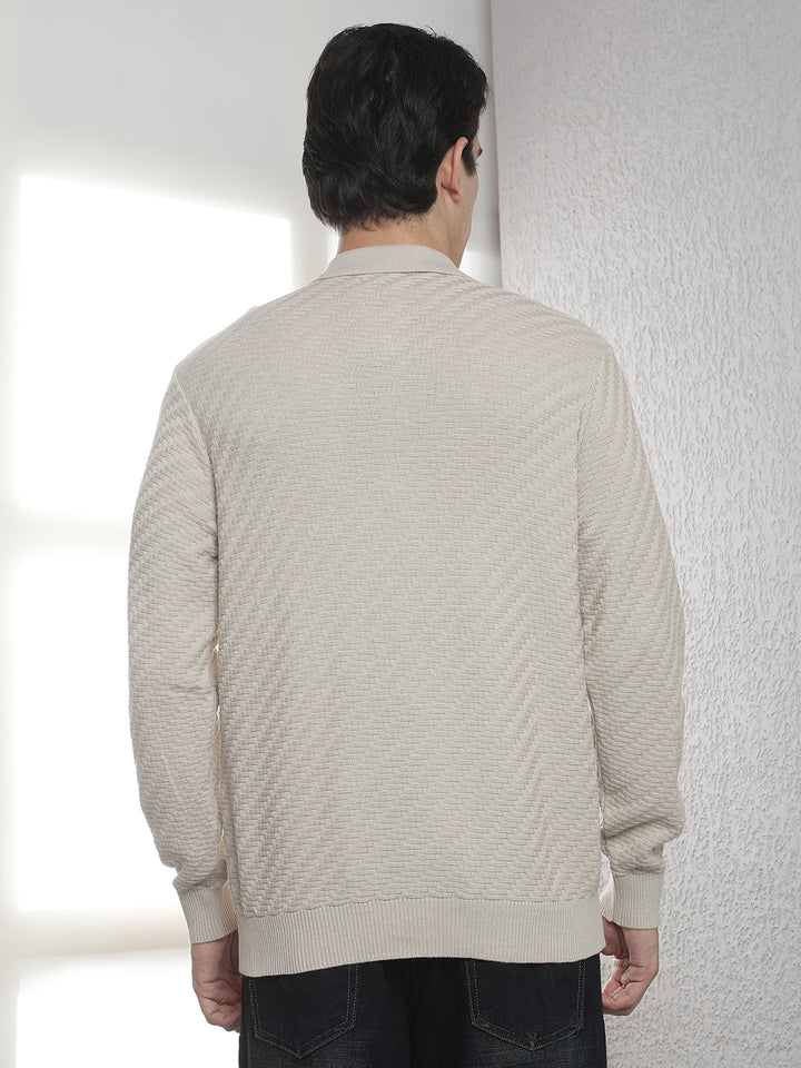 Beige 100% Cotton Knitted Polo Neck Sweater