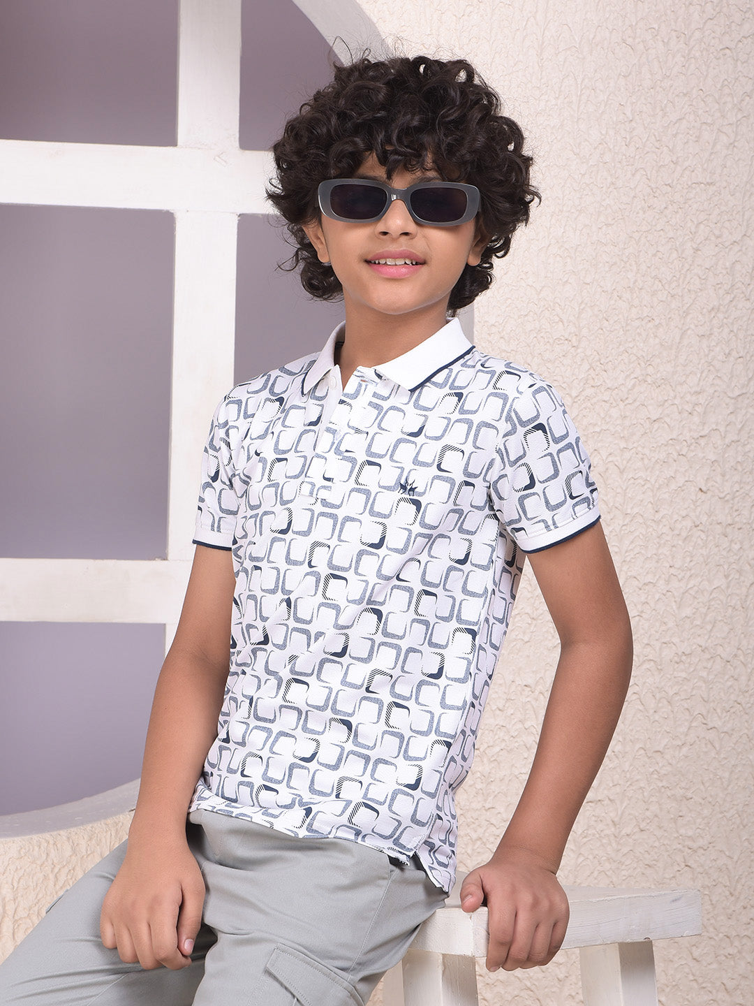 White Printed Polo Neck T-Shirt