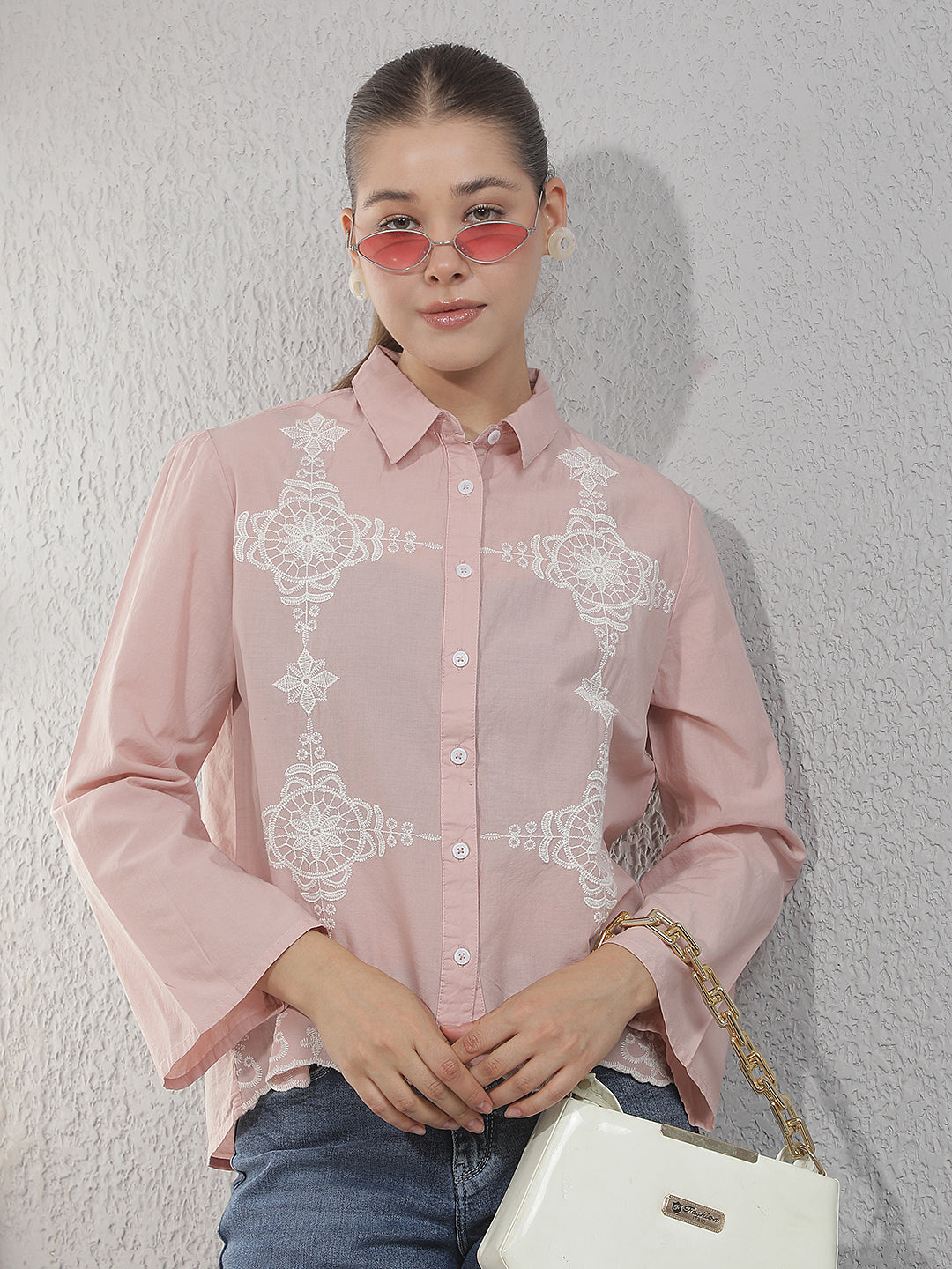 Pink Embroidered 100% Cotton Shirt