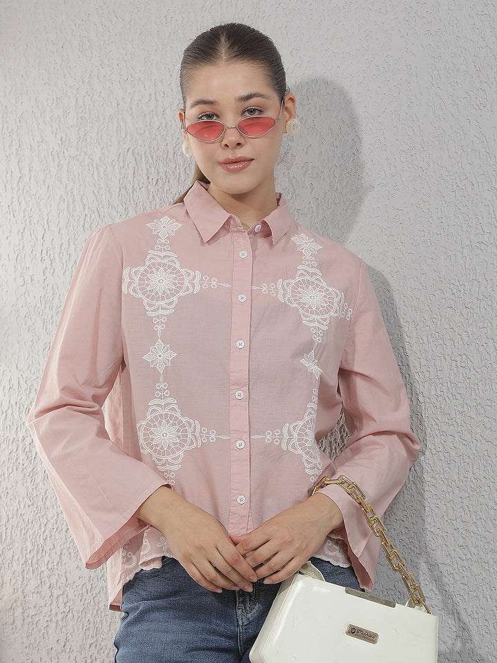 Pink Embroidered 100% Cotton Shirt