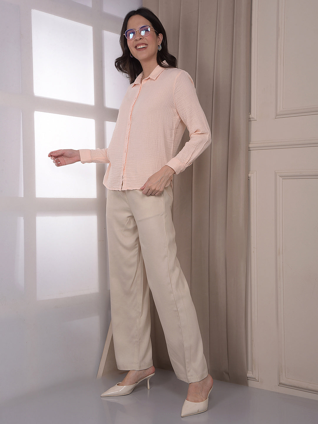 Peach Textured 100% Cotton Shirt