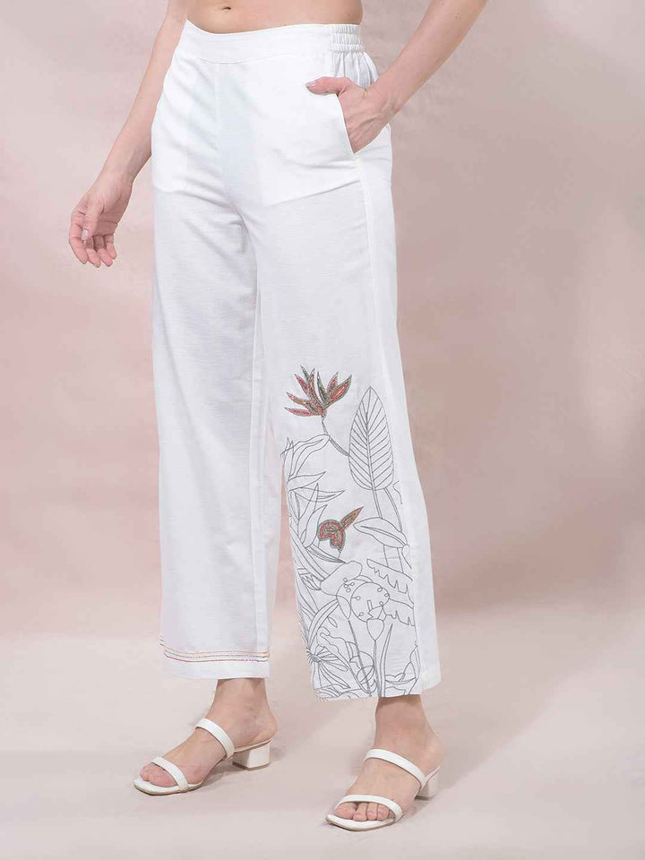 Off White Embroidered Wide Leg Casual Trousers