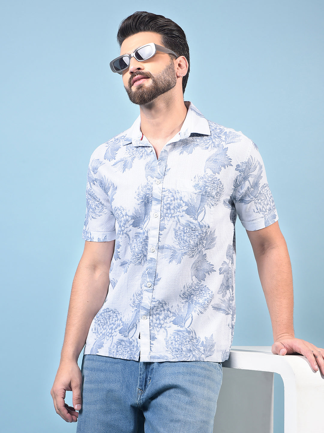 Men's Blue Floral Print 100% Cotton Shirt-Men Shirts-Crimsoune Club