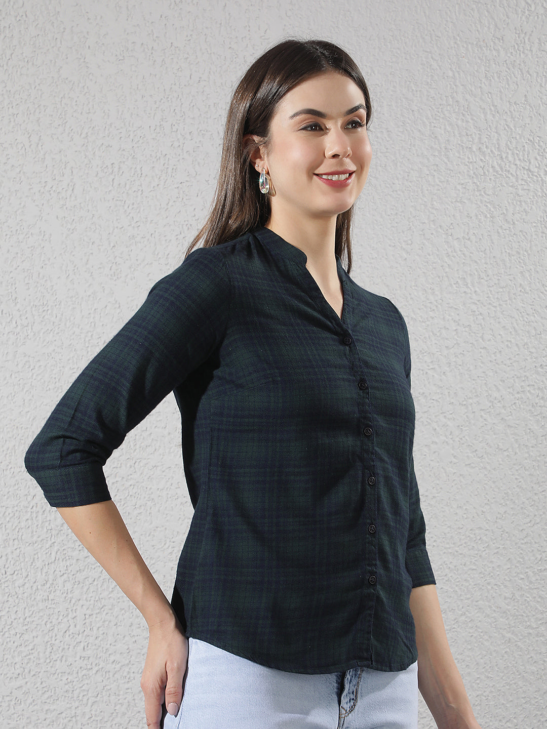 Green Checked V-Neck Shirt