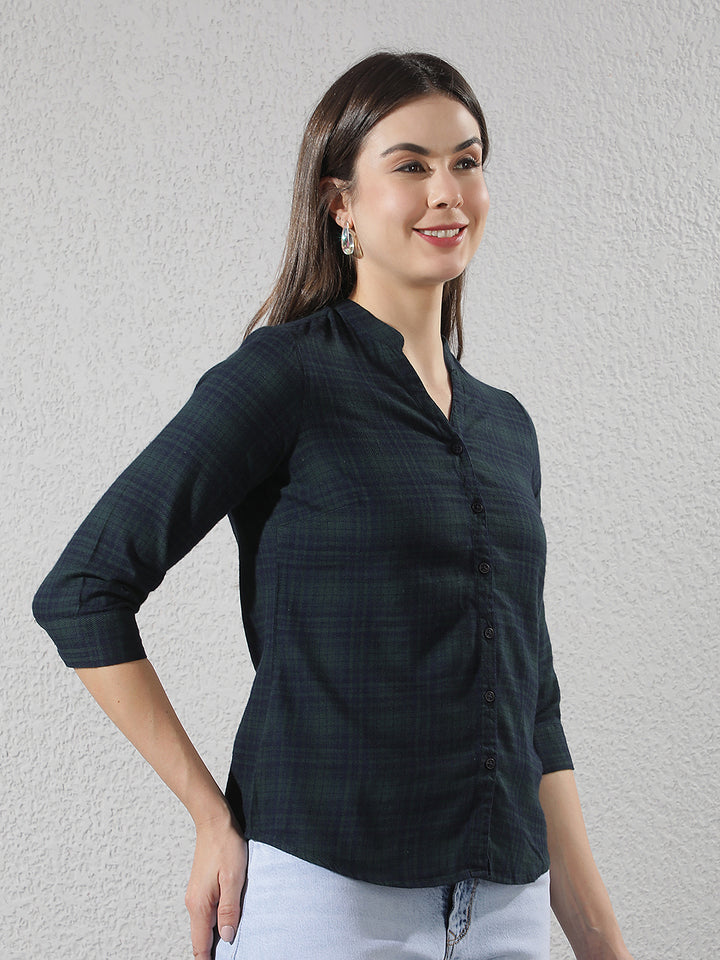 Green Checked V-Neck Shirt