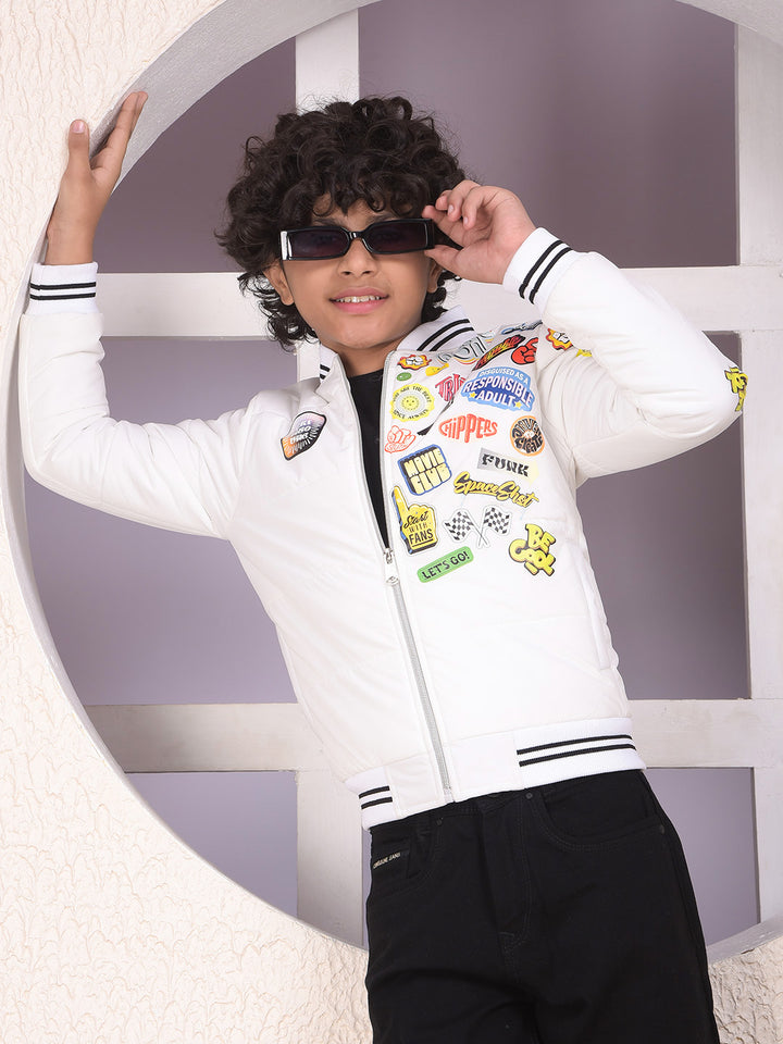 White Typographic Print Puffer Jacket