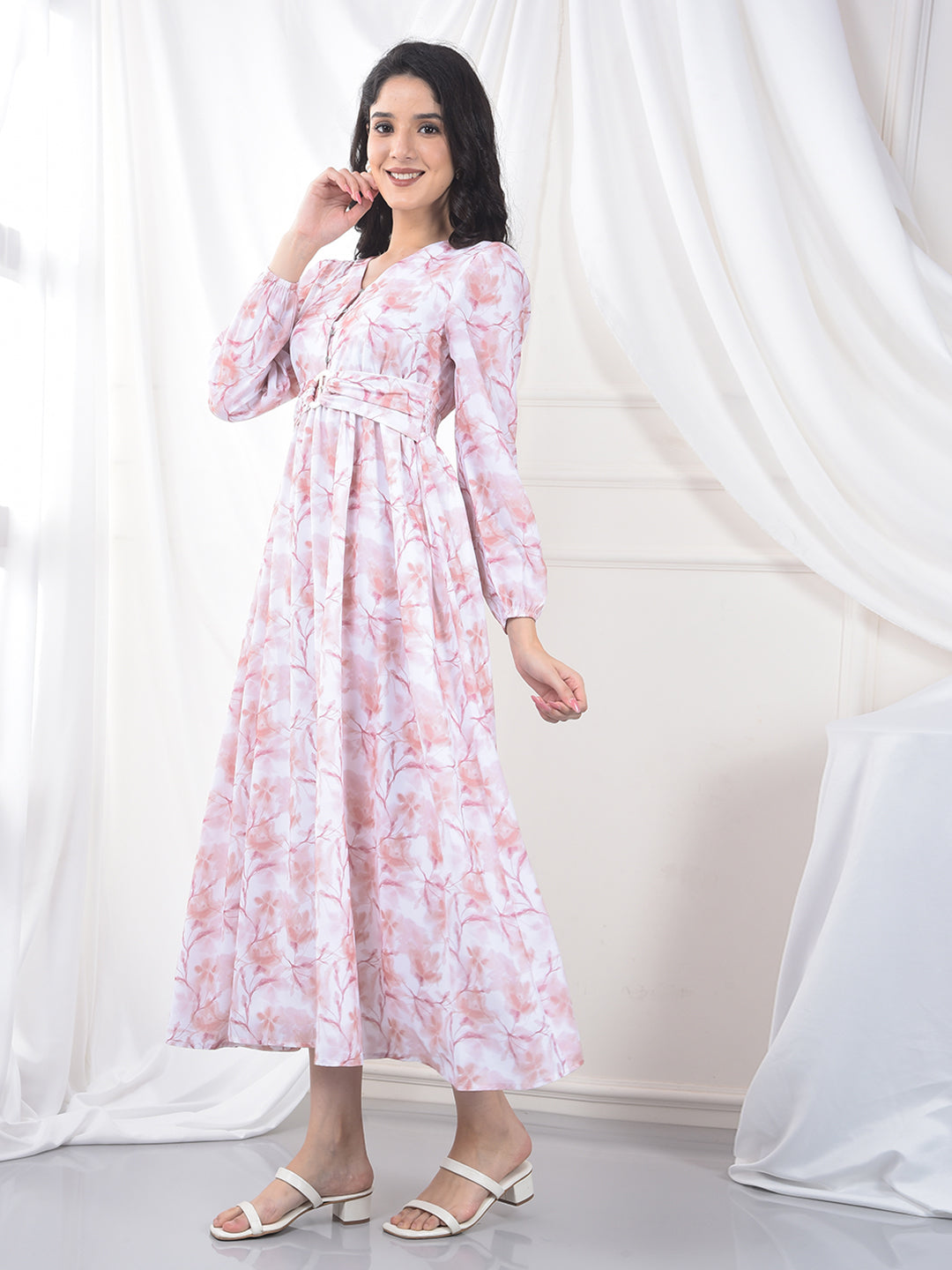 Peach Floral Print V-Neck A-Line Dress-Women Dress-Crimsoune Club