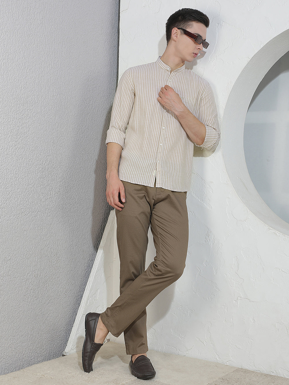 Beige Vertical Stripes Mandarin Neck Linen Shirt