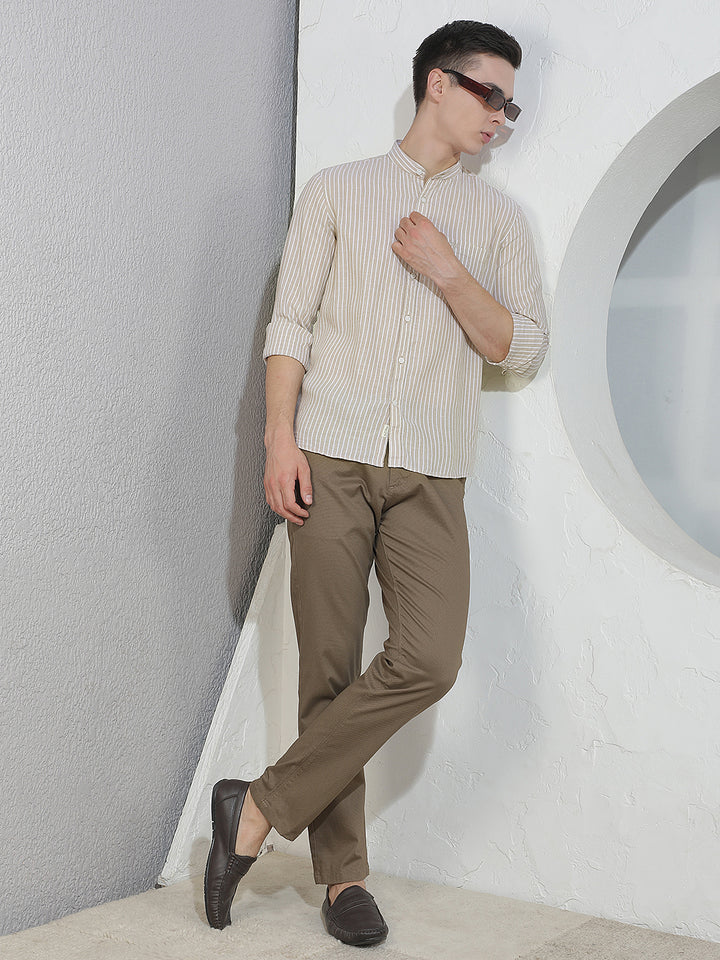 Beige Vertical Stripes Mandarin Neck Linen Shirt