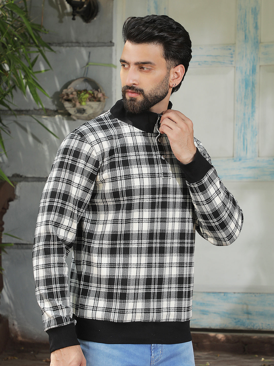 Black Checked High Neck Sweatshirt