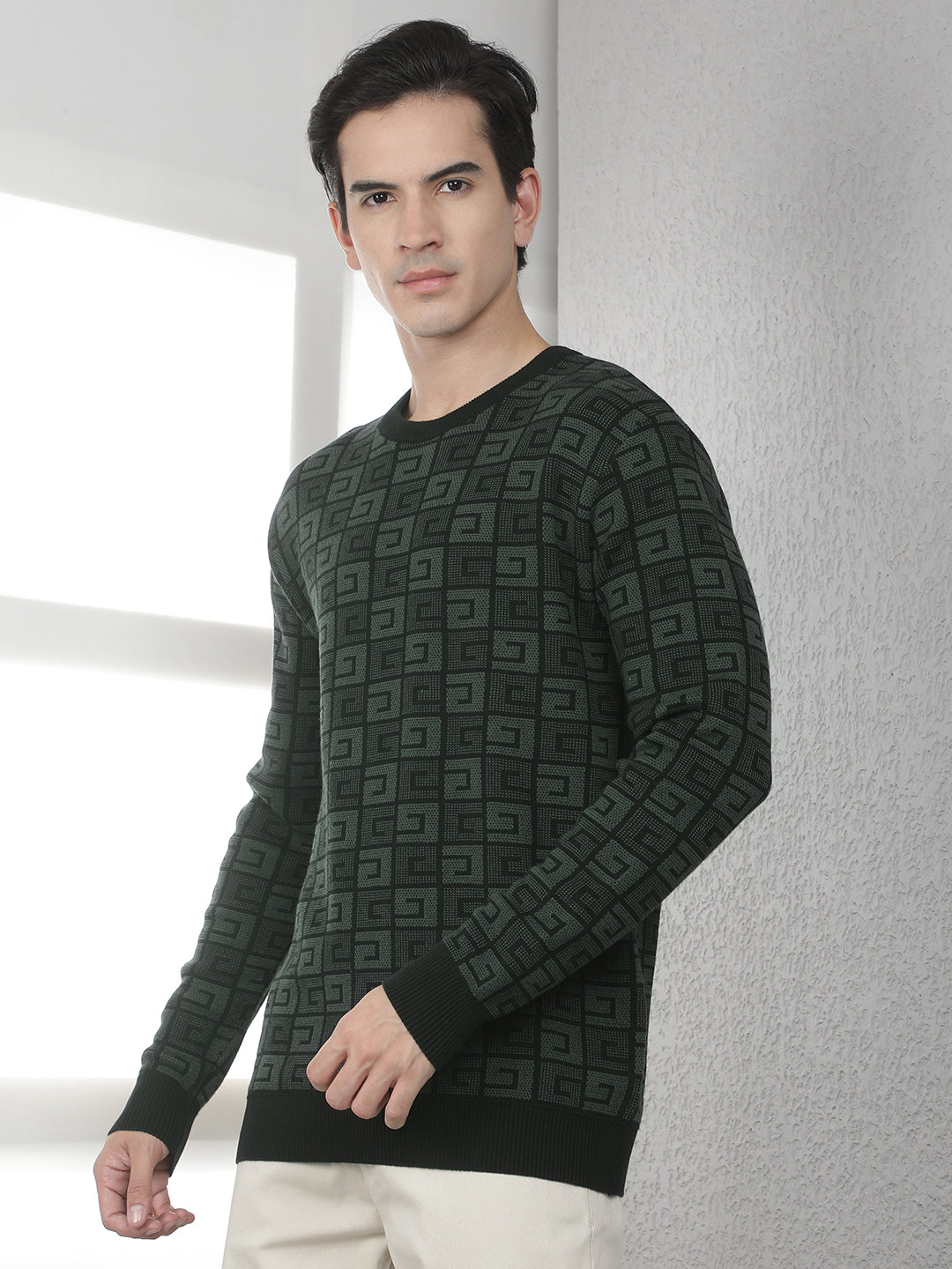 Green 100% Cotton Jacquard Round Neck Sweater
