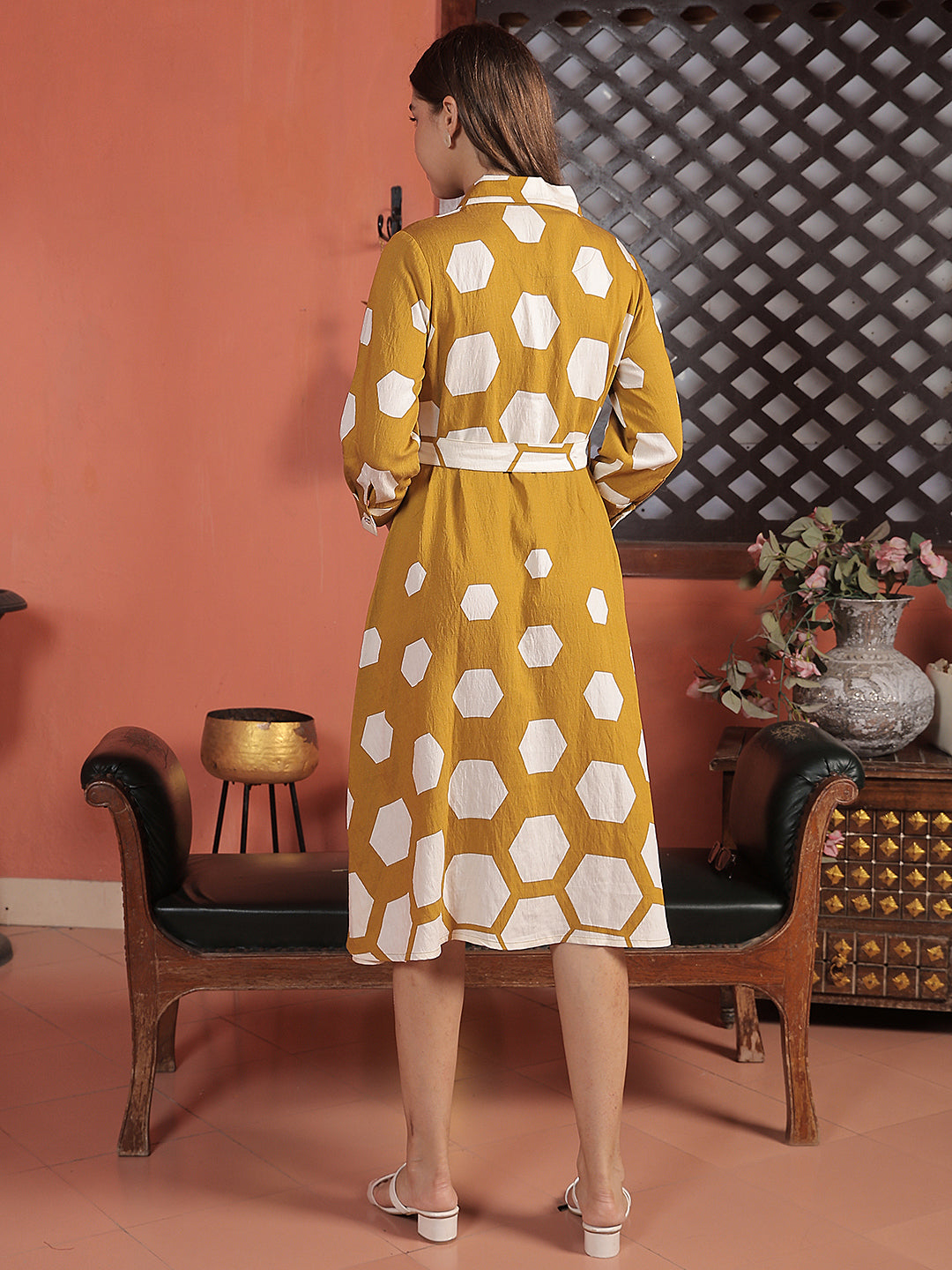 Mustard Geometric Print Midi Length Shirt Dress With Belt