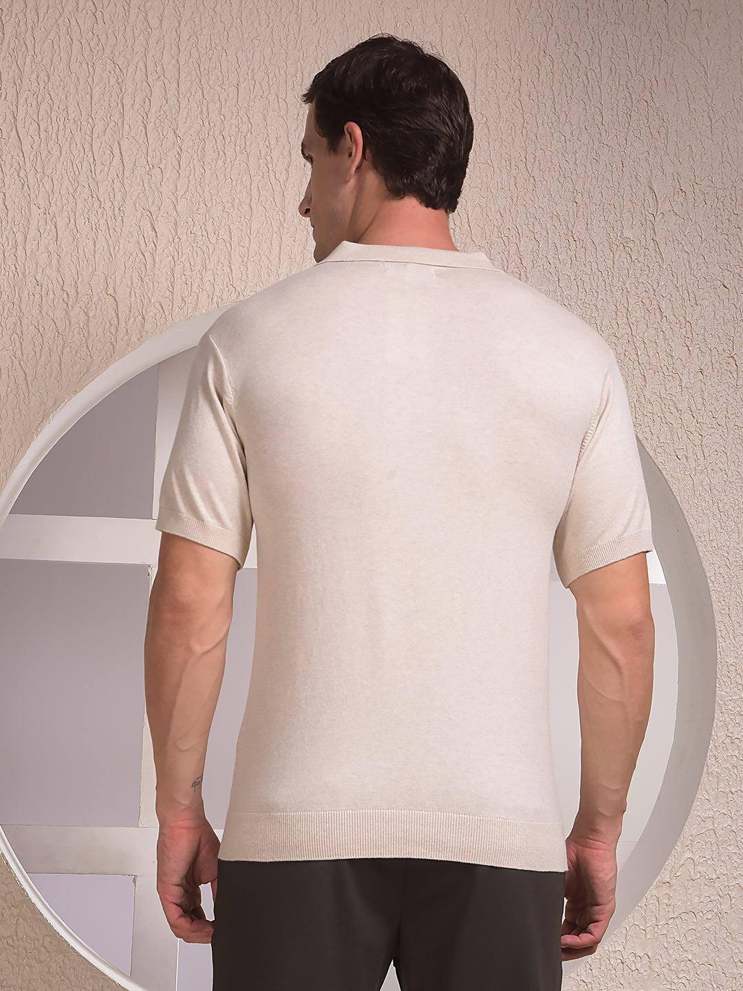 Beige Jacquard Polo Neck T-Shirt