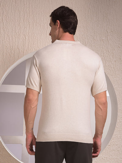 Beige Jacquard Polo Neck T-Shirt