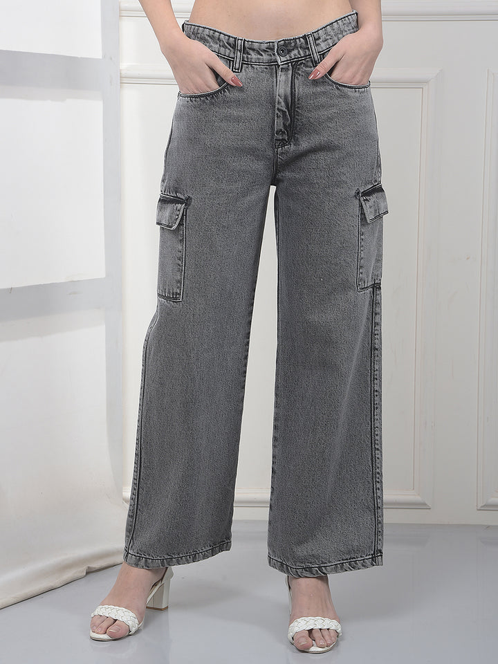 Ash Grey 100% Cotton Wide-Leg Cargo Jeans