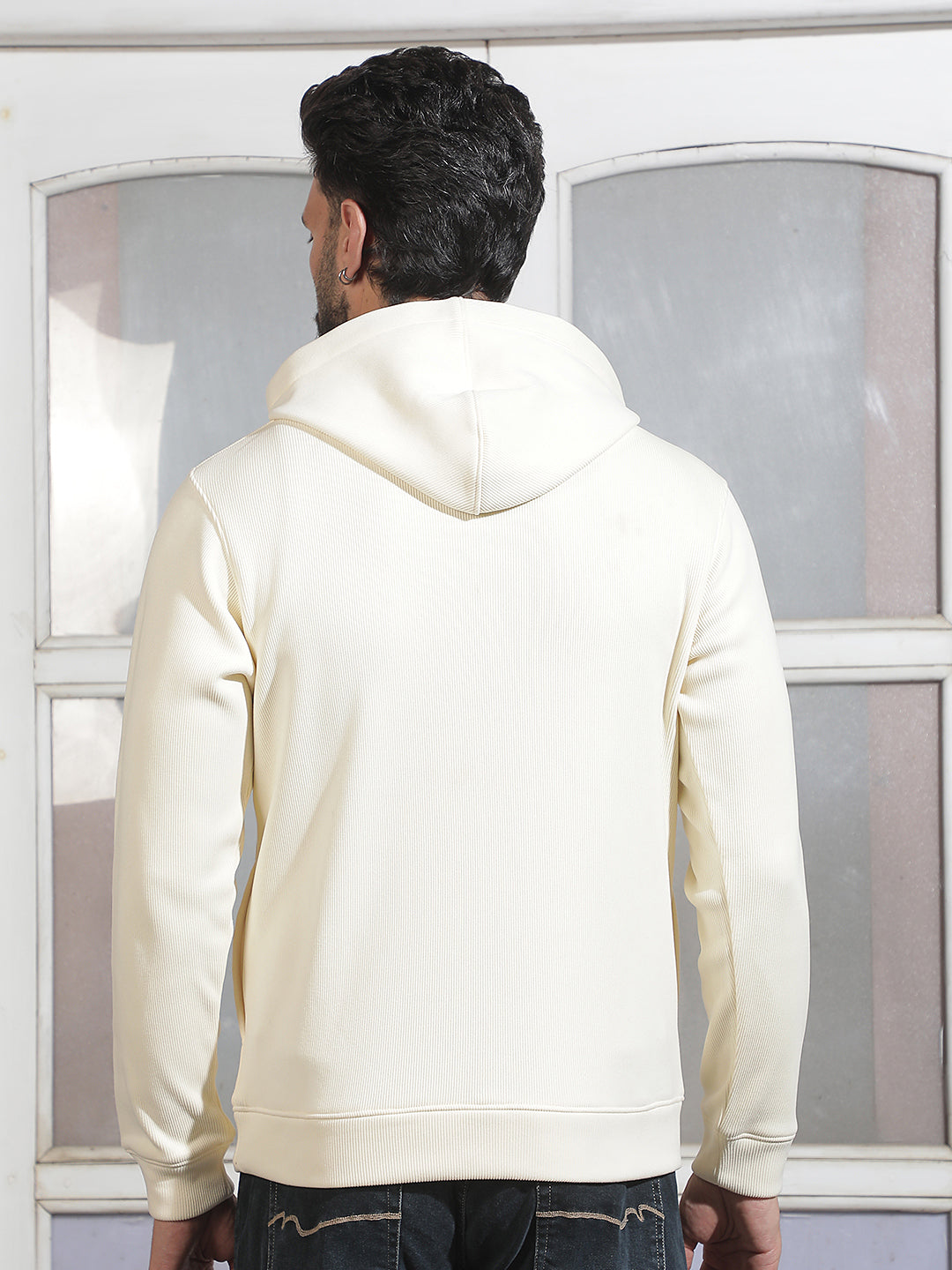 Off White Typographic Print Hooded Neck Sweatshirt