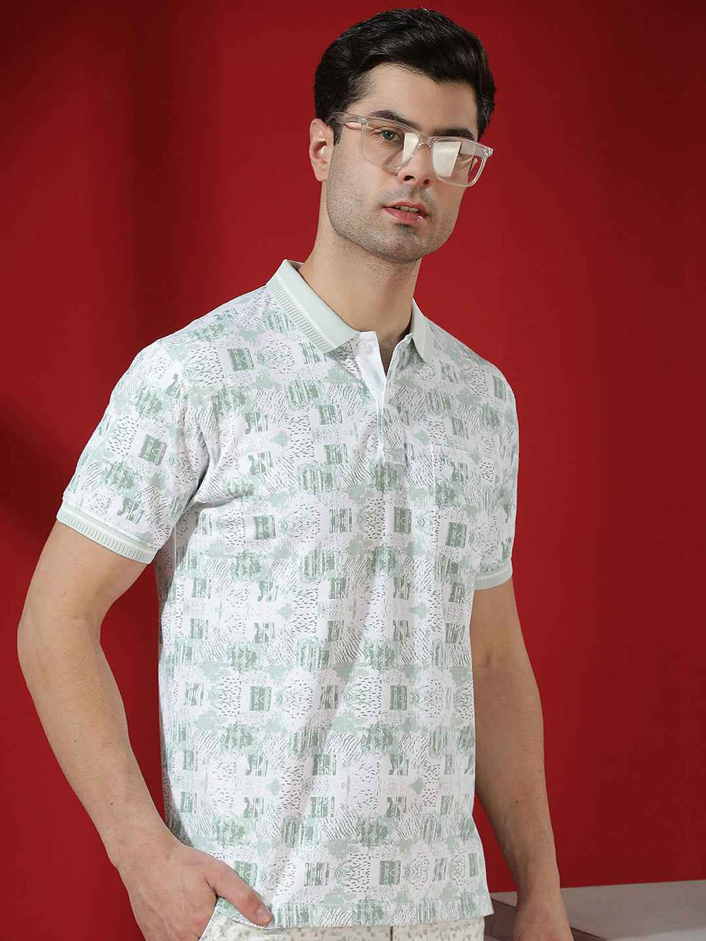 Green Abstract Print Polo T-Shirt