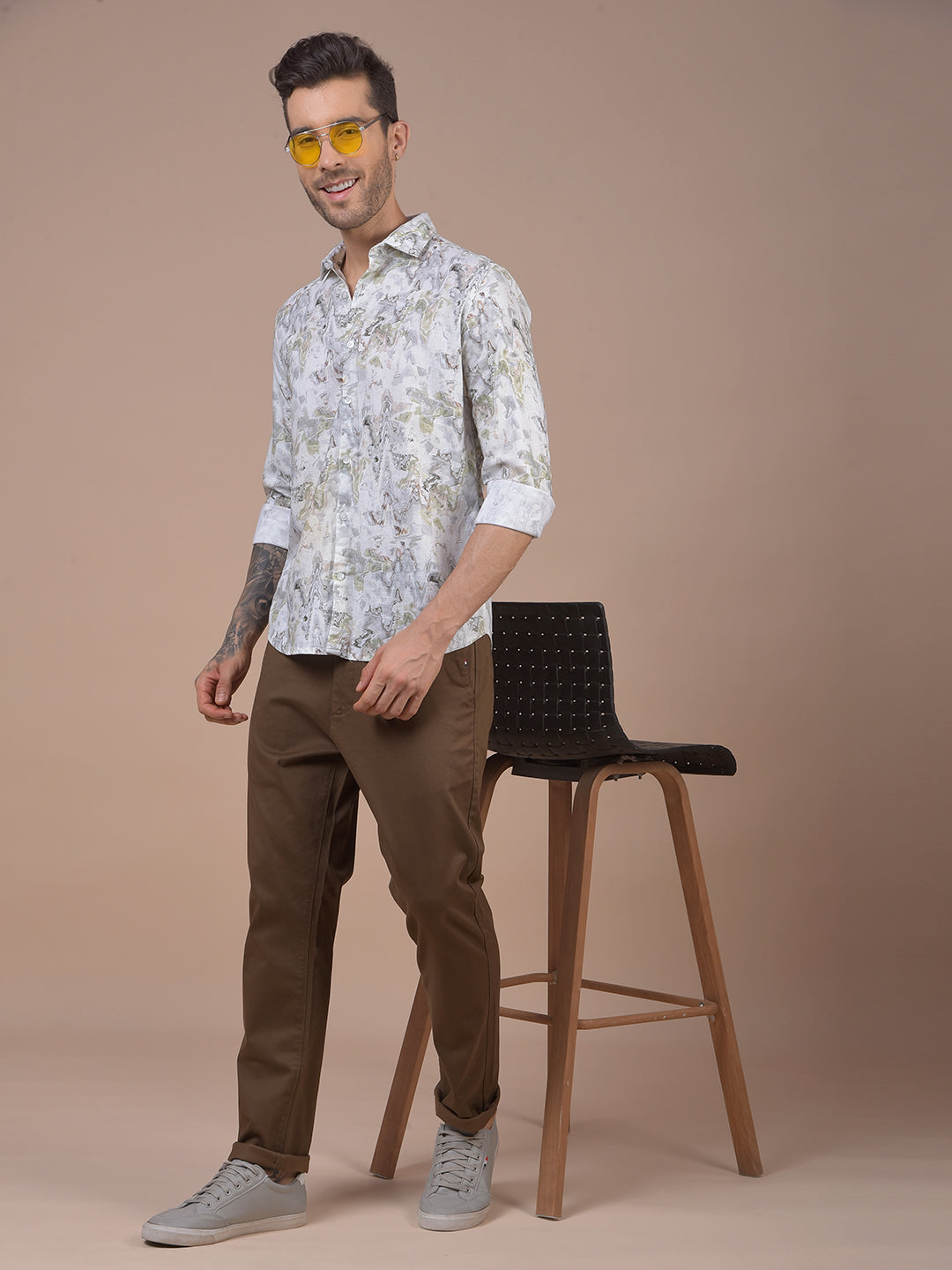 Green Abstract Print Linen Shirt