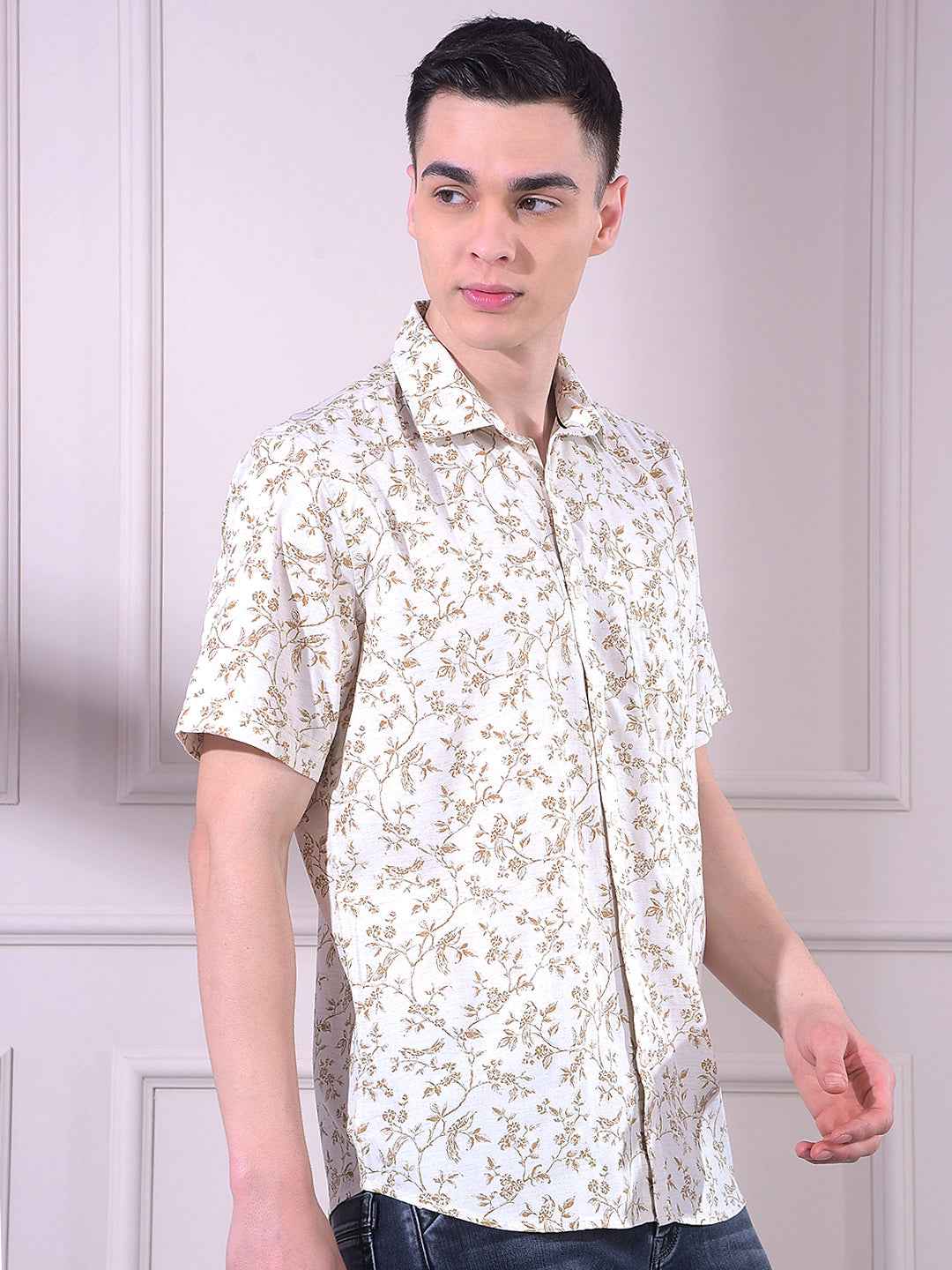 Brown Linen Floral Print Shirt