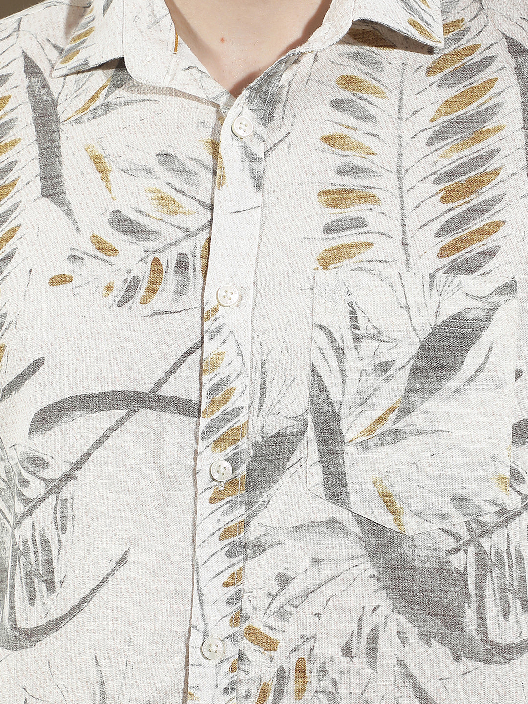 Grey Botanical Print Linen Shirt