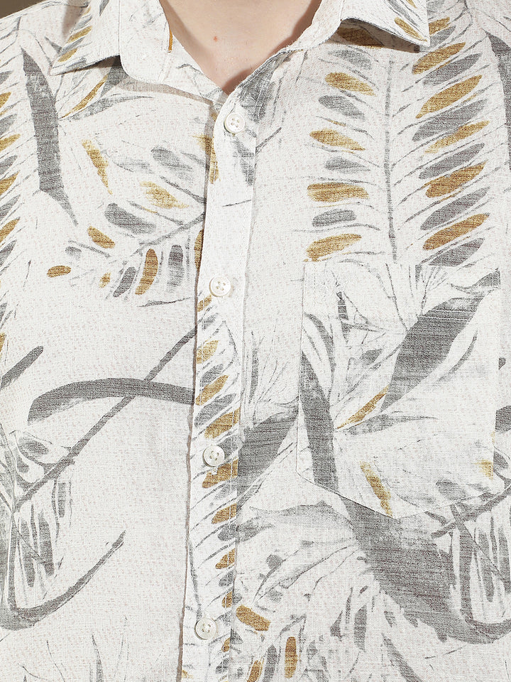 Grey Botanical Print Linen Shirt