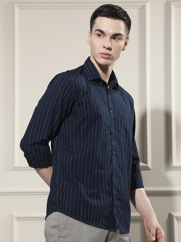 Navy Blue Vertical Stripes 100% Cotton Shirt