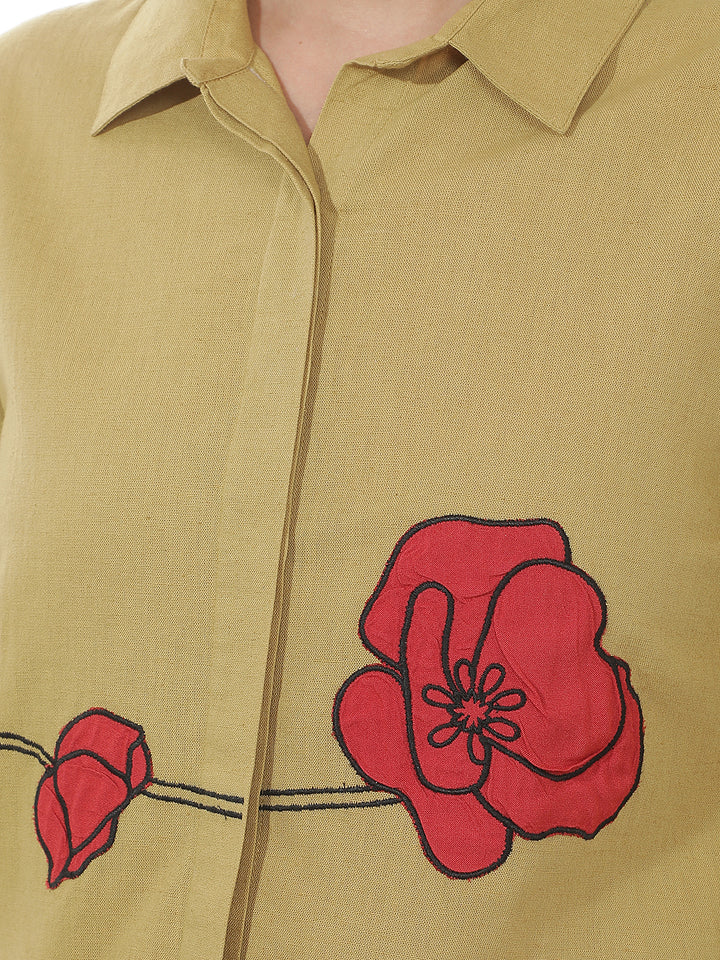 Beige Floral Embroidered Shirt