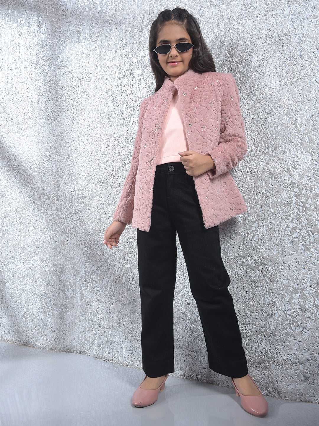 Dusty Pink Plush Embroidered Coat