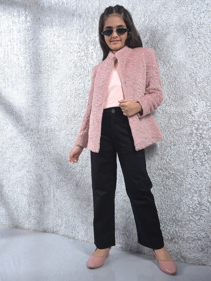 Dusty Pink Plush Embroidered Coat
