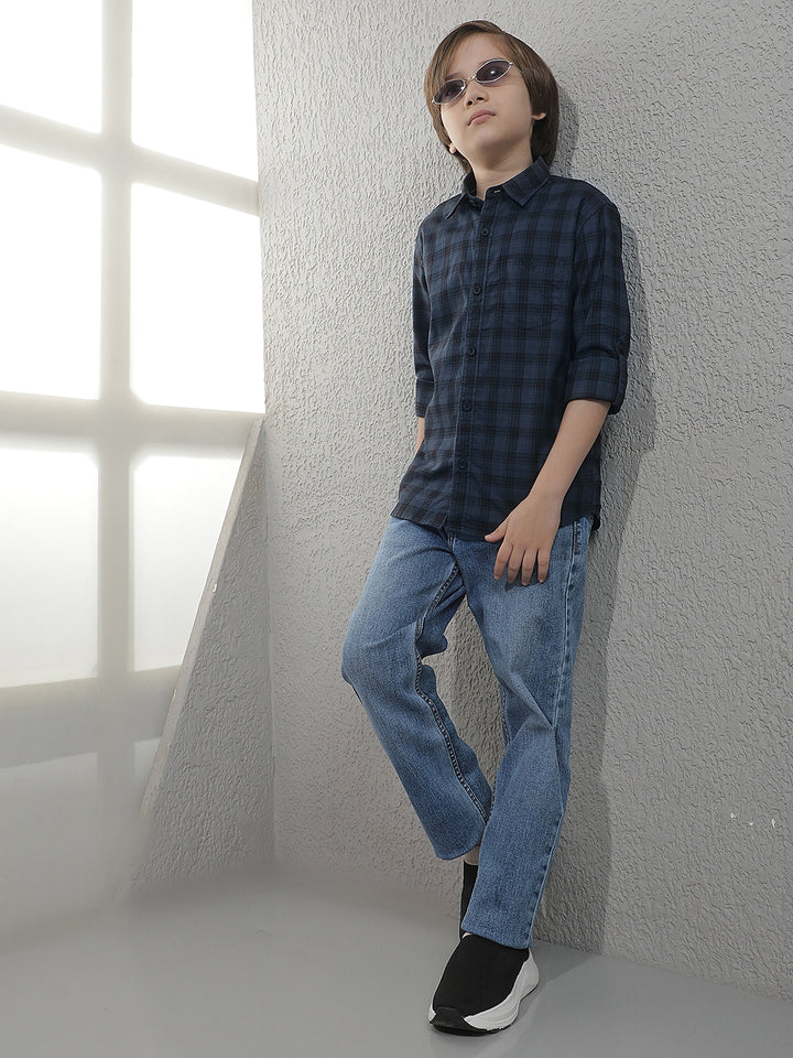 Teal Blue Checked 100% Cotton Shirt