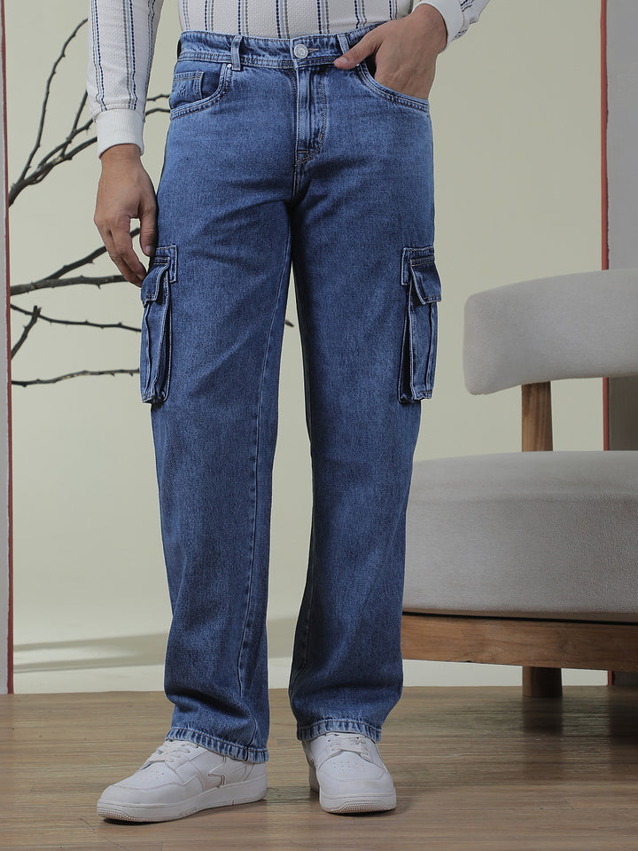 Navy Blue 100% Cotton Cargo Jeans