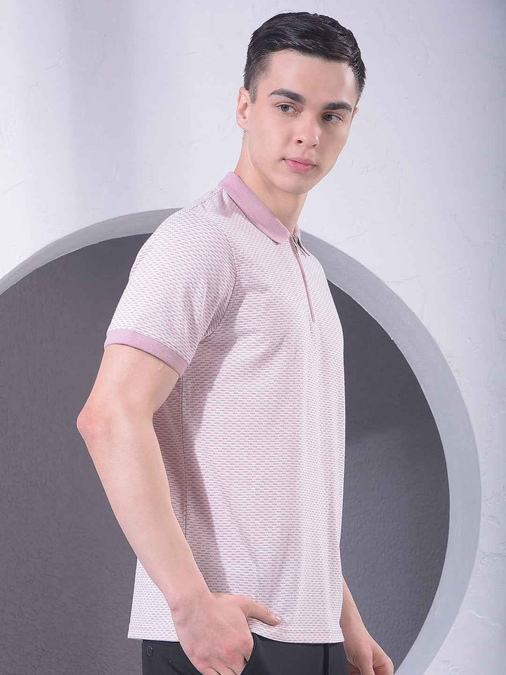 Pink Printed Polo Neck T-Shirt with Zip Closure