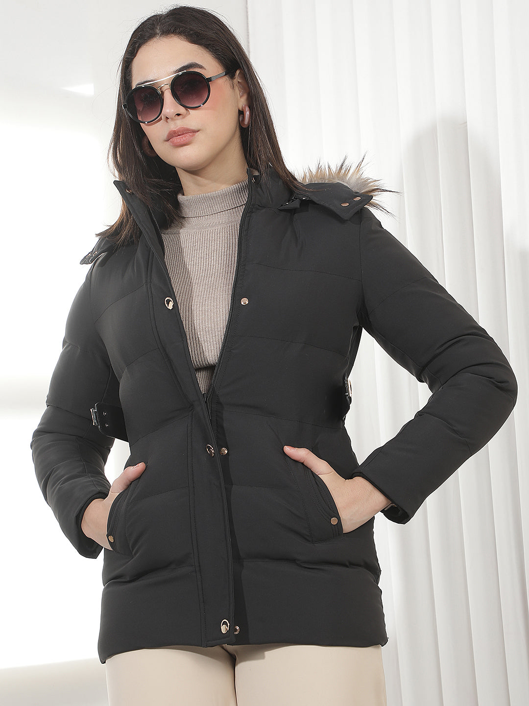 Black Hooded Puffer Jacket With Belt