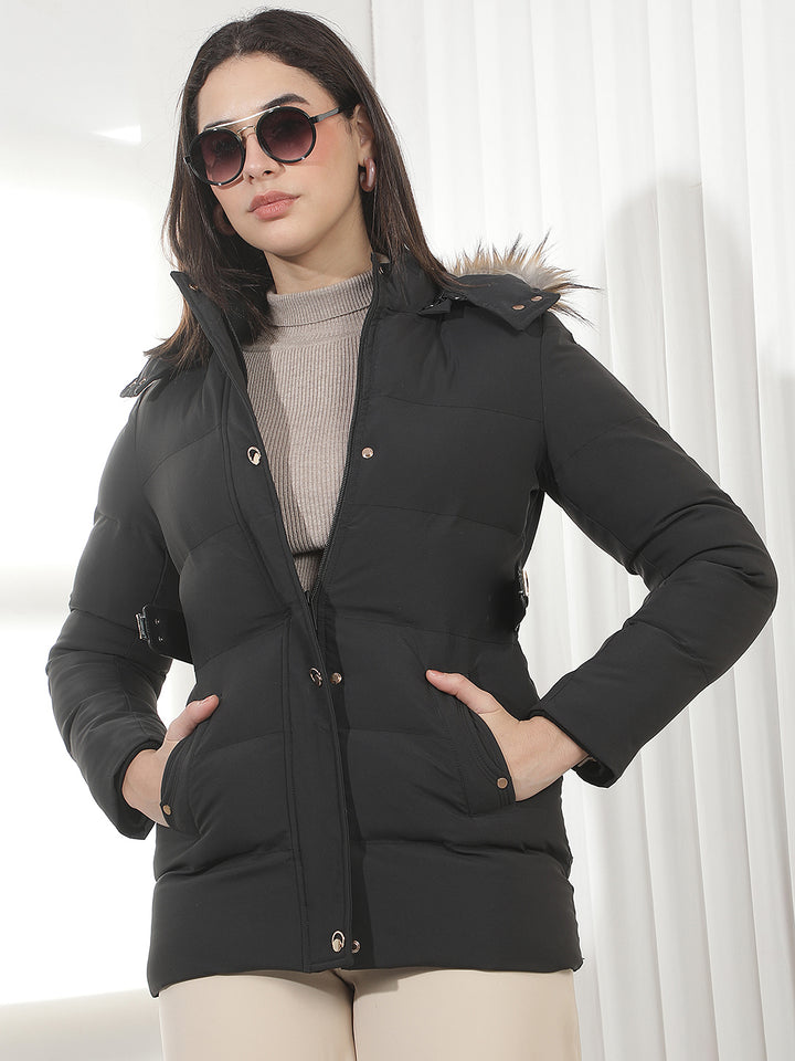 Black Hooded Puffer Jacket With Belt