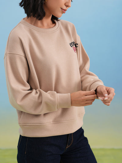 Beige Typographic Print Sweatshirt