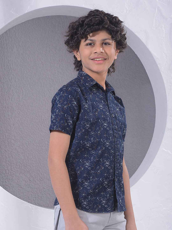 Navy Blue Floral Print 100% Cotton Shirt