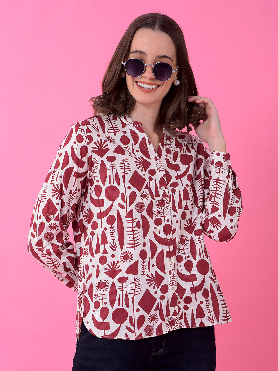 Maroon Printed V-Neck Shirt