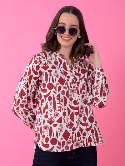 Maroon Printed V-Neck Shirt