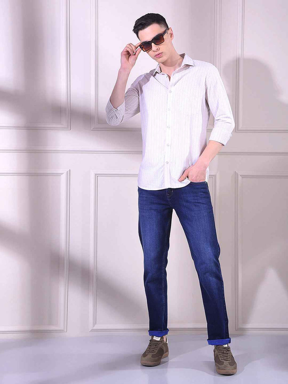 Beige 100% Cotton Vertical Stripes Shirt