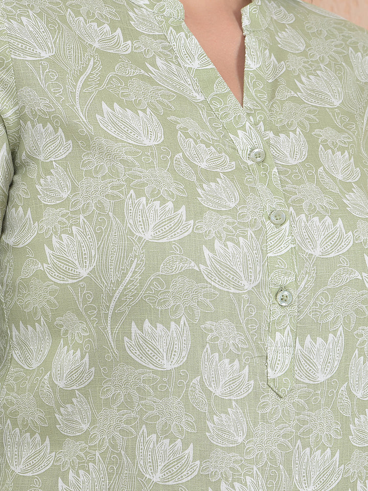 Green Floral Print V-Neck Linen Top