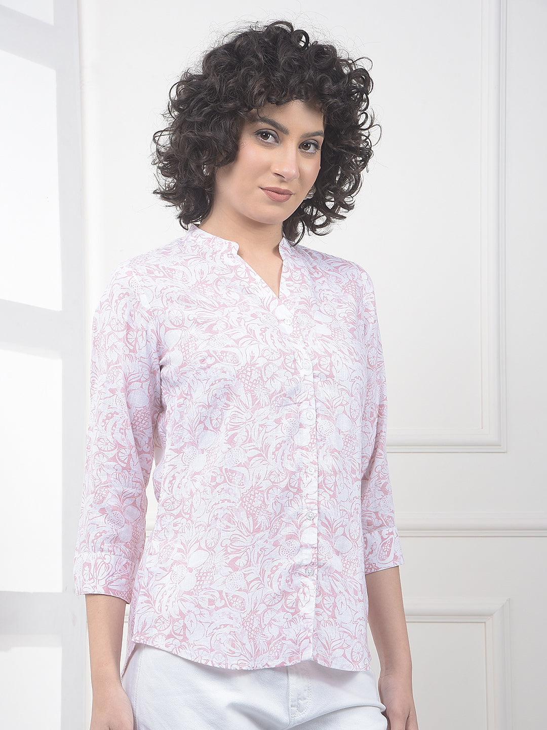 Pink Floral Print Linen Shirt