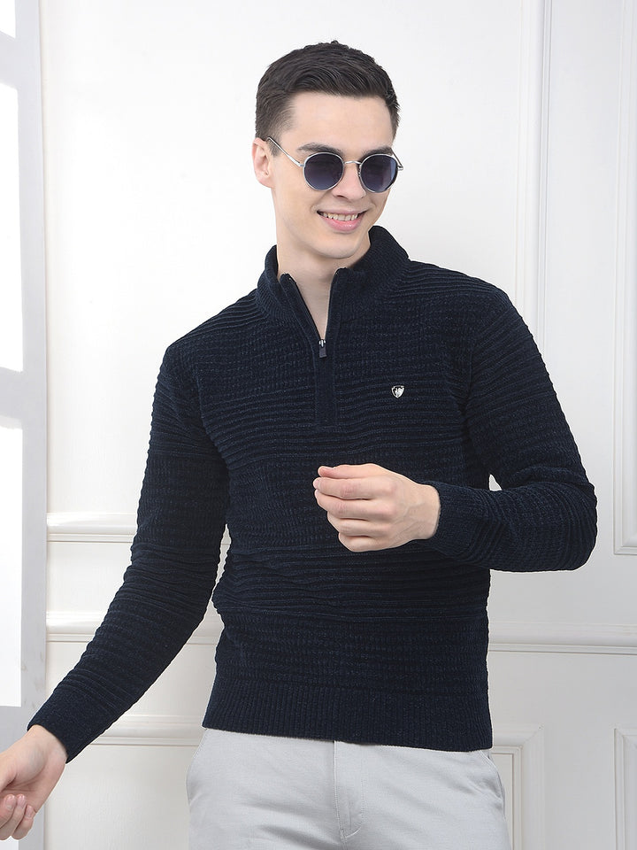 Navy Blue Jacquard Knitted Sweater
