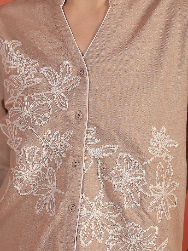 Beige Floral Embroidered V-Neck Shirt